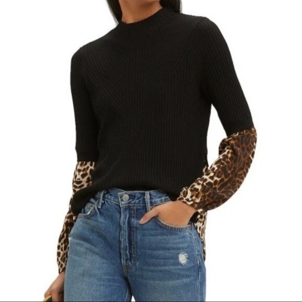 Veronica Beard Womens S Black Leopard Silk Blend Mock Neck Sweater Top